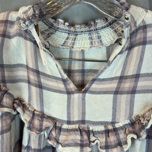 free People Plaid Ruffle Mock Neck Blouse- Sz Small - Picture 11 of 13
